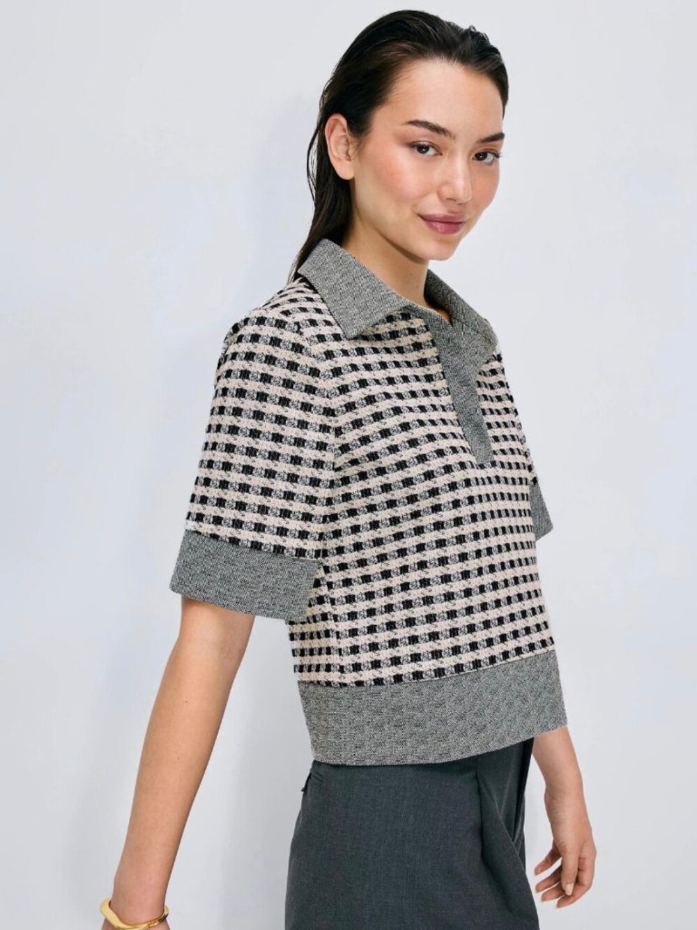 CeCe Short Sleeve Relaxed Polo Knit Top Black White Houndstooth Metallic XL
